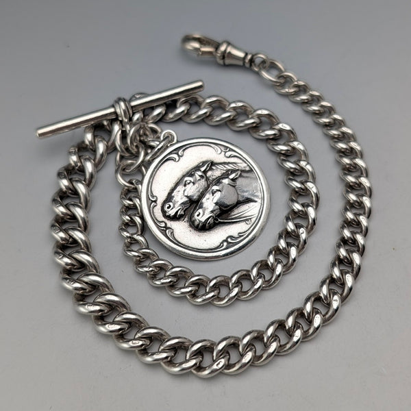 1900年頃 英国アンティーク 純銀製アルバートチェーン 51g ホースメダルフォブ
