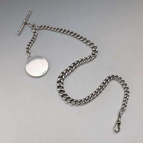 Circa 1900 British antique sterling silver Albert chain 51g horse medal fob