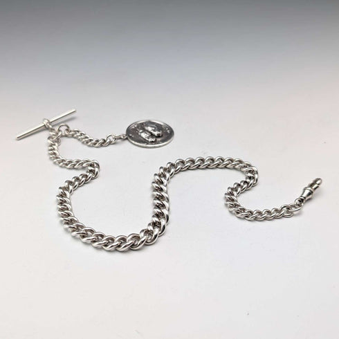 Circa 1900 British antique sterling silver Albert chain 51g horse medal fob