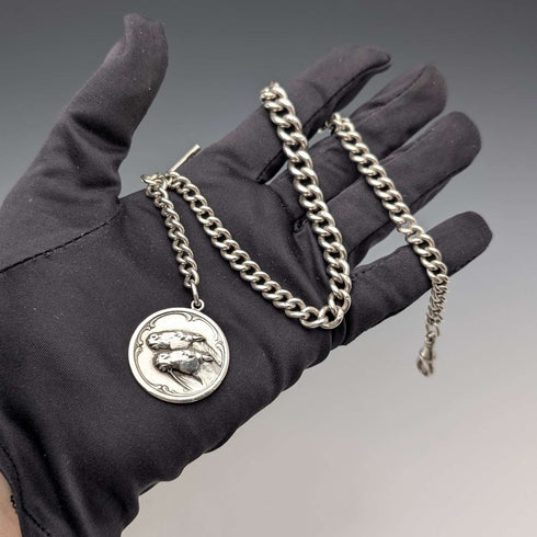 Circa 1900 British antique sterling silver Albert chain 51g horse medal fob