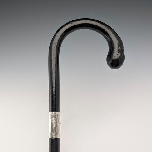 1929年 英国ヴィンテージ ブラックシャフト 曲がりハンドル 純銀装飾 ステッキ 杖 85cm