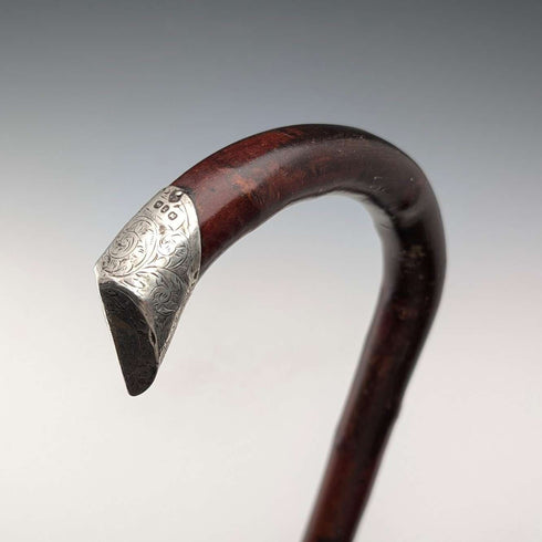 1899年英國古董棕色軸,彎曲手柄,純銀裝飾,手杖,85厘米