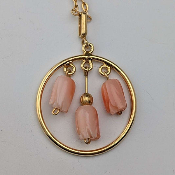 Vintage Rold Gold and Pink Coral Pendant Necklace