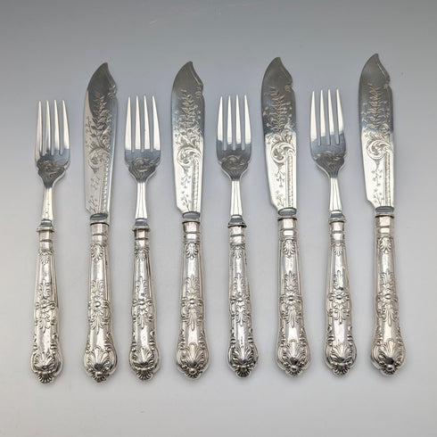 1909年 英国アンティーク 純銀製ハンドル フィッシュカトラリー4ペア Harrison Fisher