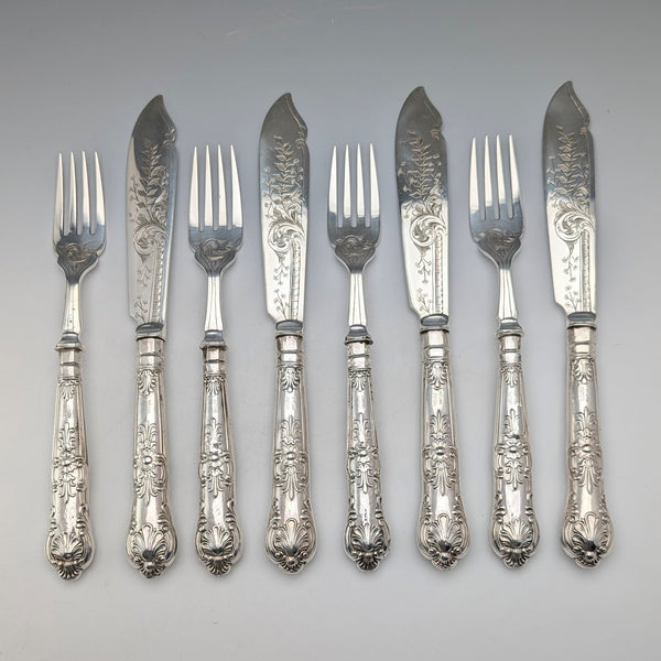 1909 British Antique Sterling Silver Handle Fish Cutlery 4 Pair Harrison Fisher