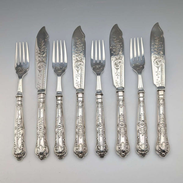 1909年 英国アンティーク 純銀製ハンドル フィッシュカトラリー4ペア Harrison Fisher
