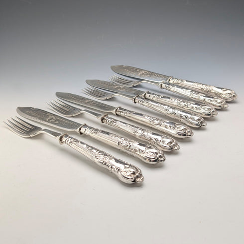 1909年 英国アンティーク 純銀製ハンドル フィッシュカトラリー4ペア Harrison Fisher