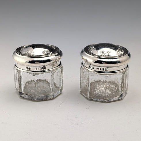 1916 British antique silver lid mini glass jar pair Jones & Crompton