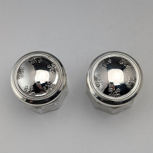 1916 British antique silver lid mini glass jar pair Jones & Crompton