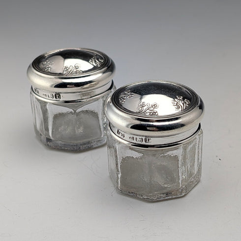1916 British antique silver lid mini glass jar pair Jones & Crompton