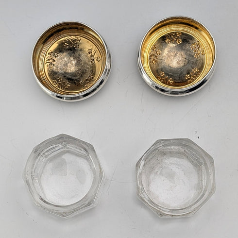 1916 British antique silver lid mini glass jar pair Jones & Crompton