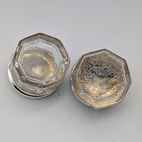 1916 British antique silver lid mini glass jar pair Jones & Crompton