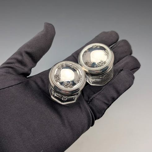 1916 British antique silver lid mini glass jar pair Jones & Crompton