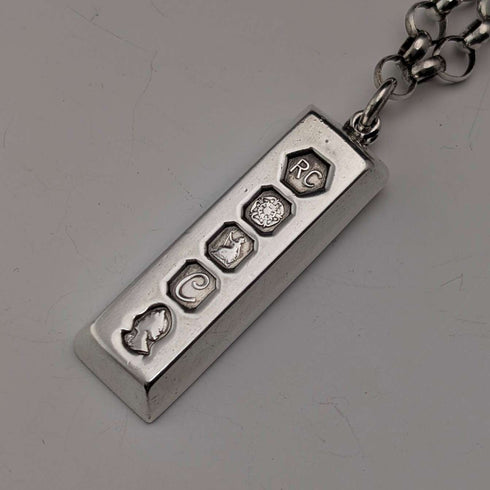 1977 British Britannia Silver Jubilee Ingot Pendant & Extra Thick Pure Silver Chain, 45.5g in total