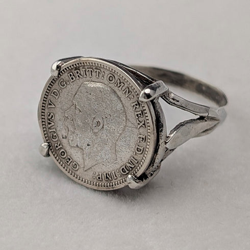 British vintage 3 pence silver coin sterling silver signet ring (size 19)