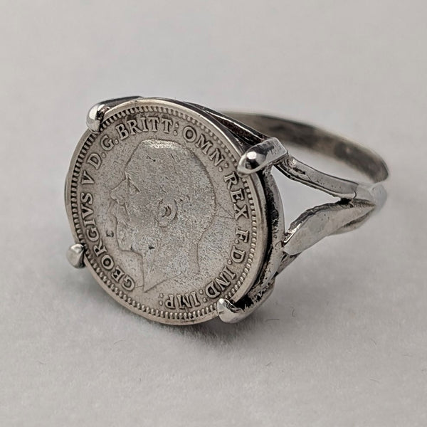 British vintage 3 pence silver coin sterling silver signet ring (size 19)