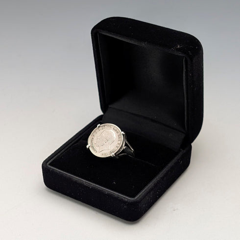 British vintage 3 pence silver coin sterling silver signet ring (size 19)