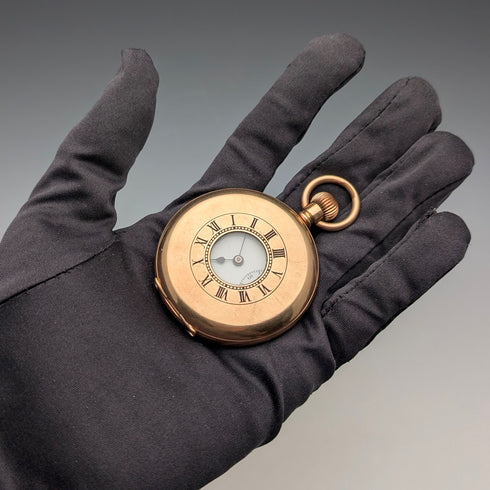 British antique Russell pocket watch, gold plated half hunter case, in good working order