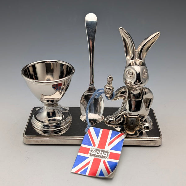 Vintage British silver plate rabbit base egg stand set, boxed, Seba