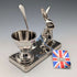 Vintage British silver plate rabbit base egg stand set, boxed, Seba
