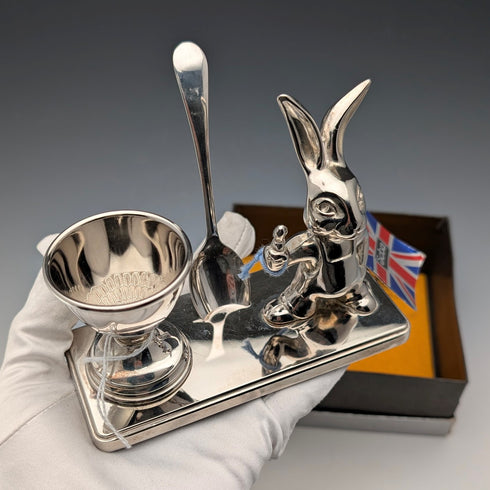 英国ヴィンテージ シルバープレート製 うさぎ土台 エッグスタンドセット 箱入り Seba