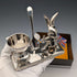 Vintage British silver plate rabbit base egg stand set, boxed, Seba