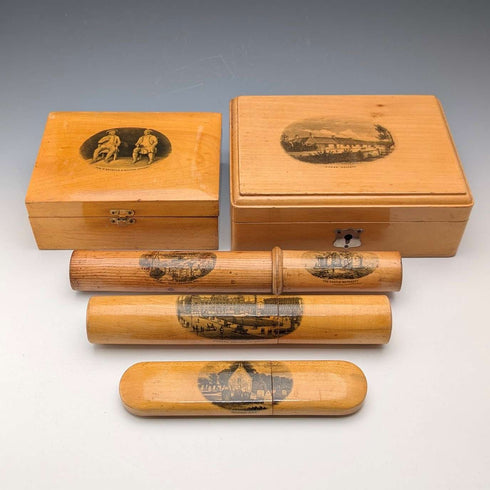 Set of 5 late Victorian British antique wooden mauchlineware