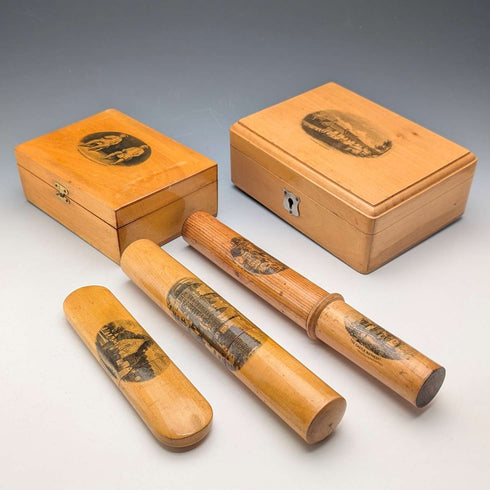 Set of 5 late Victorian British antique wooden mauchlineware
