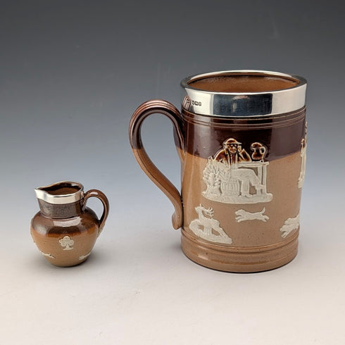 1900年頃 英国アンティーク 純銀装飾 陶器製マグカップ&ミニクリームジャグ Mappin&Webb