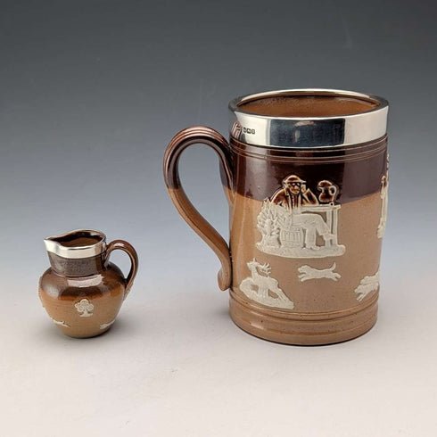 Circa 1900 British antique sterling silver decorated ceramic mug and mini cream jug Mappin & Webb