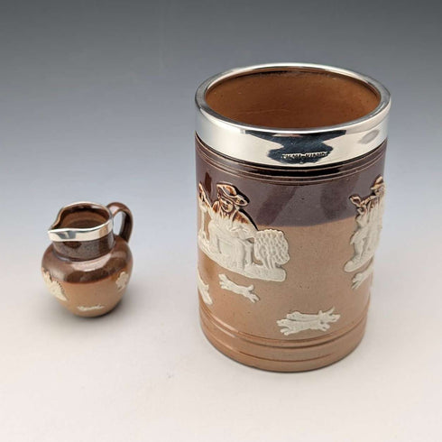 Circa 1900 British antique sterling silver decorated ceramic mug and mini cream jug Mappin & Webb
