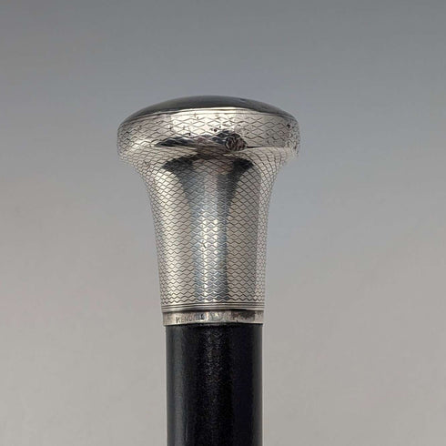 1920 British antique black shaft sterling silver round handle walking stick 88cm Ebenezer Newman