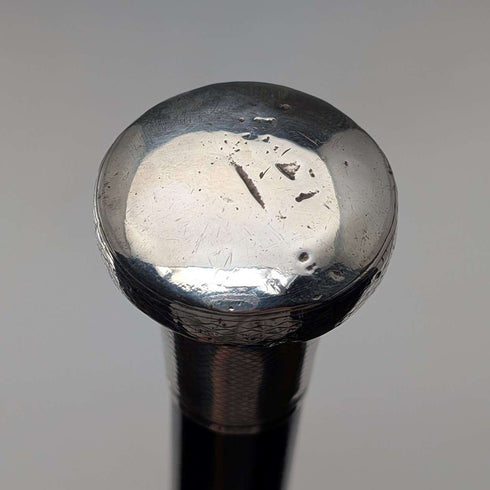 1920 British antique black shaft sterling silver round handle walking stick 88cm Ebenezer Newman