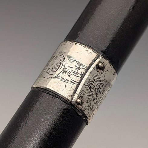 1944 British vintage black shaft curved handle pure silver decorated walking stick 83cm K&SLD