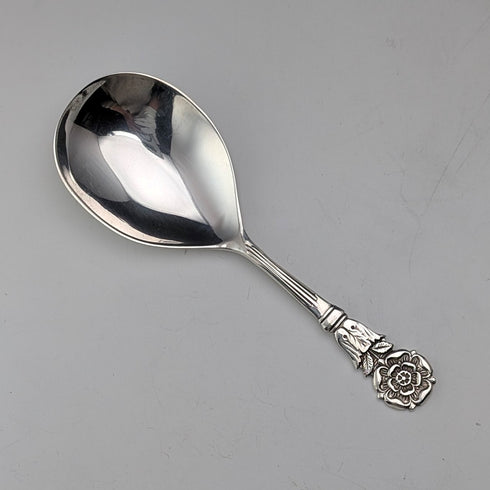 1982 British vintage sterling silver tea caddy spoon, 13g, rose decoration, JB Chatterley