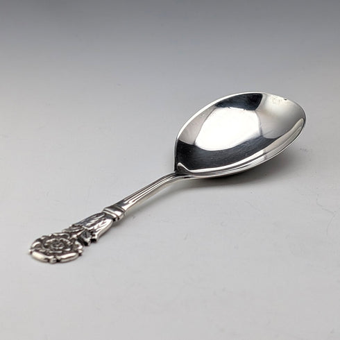 1982 British vintage sterling silver tea caddy spoon, 13g, rose decoration, JB Chatterley