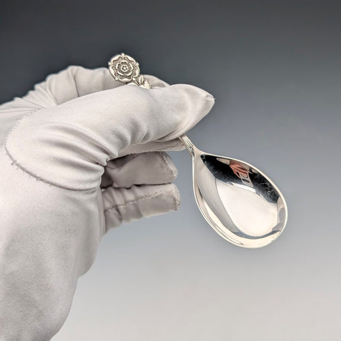 1982 British vintage sterling silver tea caddy spoon, 13g, rose decoration, JB Chatterley
