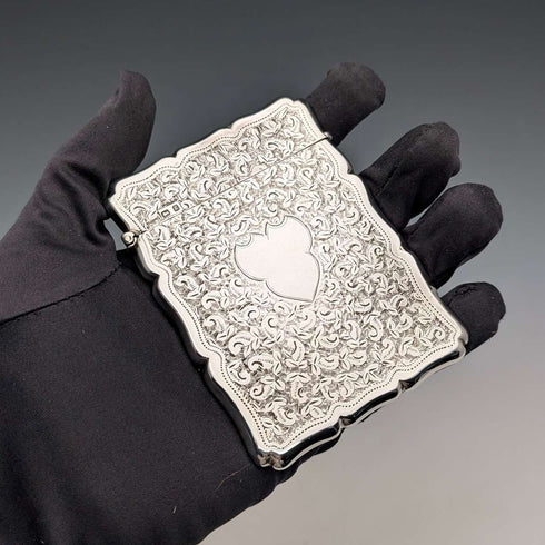 1906年 英国アンティーク フローラル彫刻 純銀製カードケース 51g William Atkin