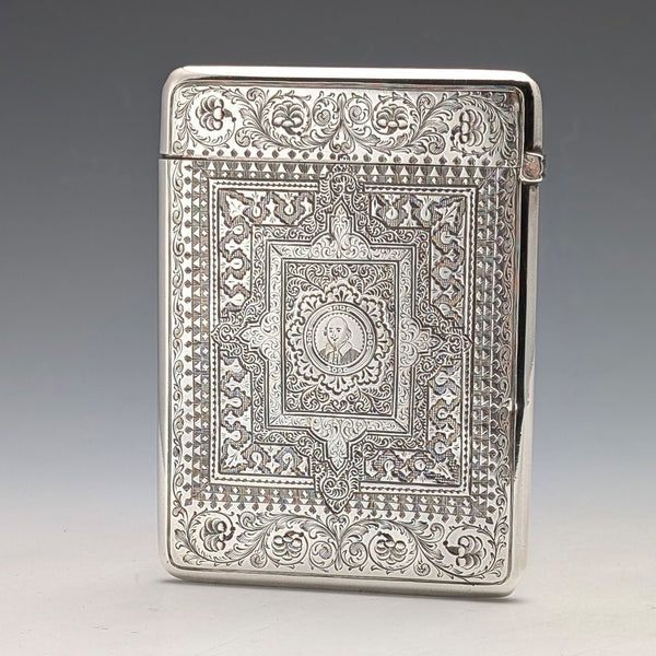 1881 British Antique Shakespeare Engraved Sterling Silver Card Case 77g George Unite