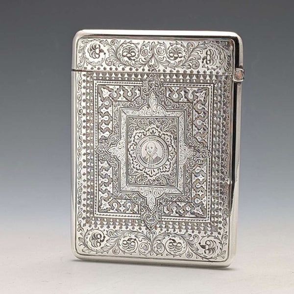 1881 British Antique Shakespeare Engraved Sterling Silver Card Case 77g George Unite