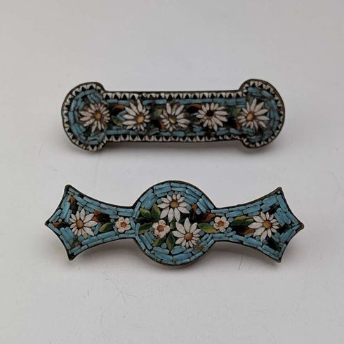 Pair of vintage micro-mosaic brooches with floral embellishment
