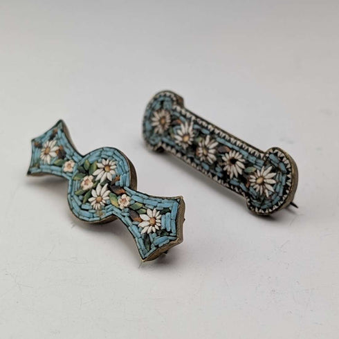 Pair of vintage micro-mosaic brooches with floral embellishment