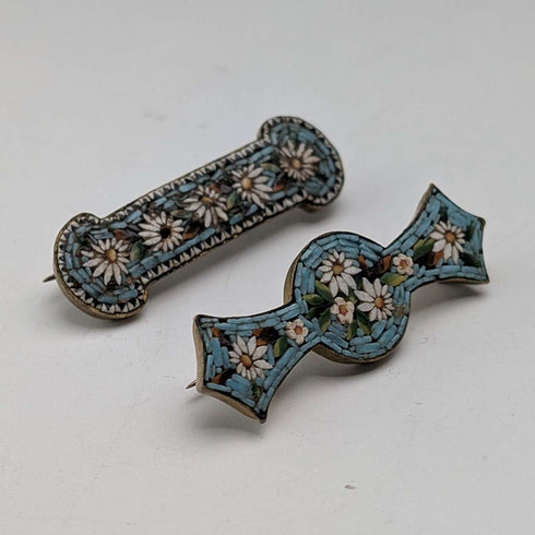 Pair of vintage micro-mosaic brooches with floral embellishment