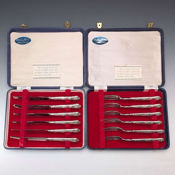 Circa 1974 British Vintage Pure Silver Handle Tea Knife & Fork 6 Pair Harrison Brothers Case Included