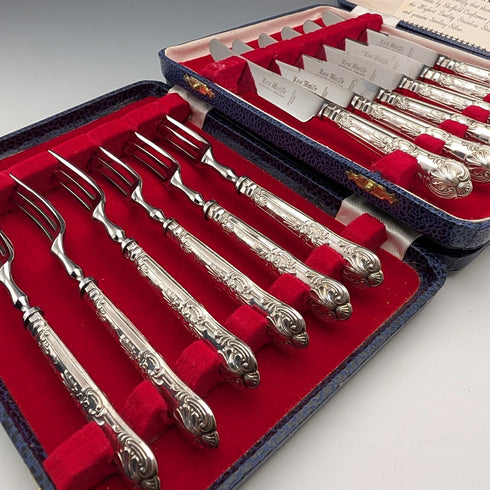 1974年頃 英国ヴィンテージ 純銀ハンドル ティーナイフ&フォーク 6ペア Harrison Brothers ケース入