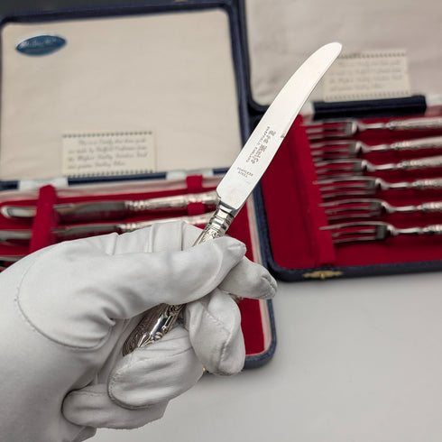 1974年頃 英国ヴィンテージ 純銀ハンドル ティーナイフ&フォーク 6ペア Harrison Brothers ケース入