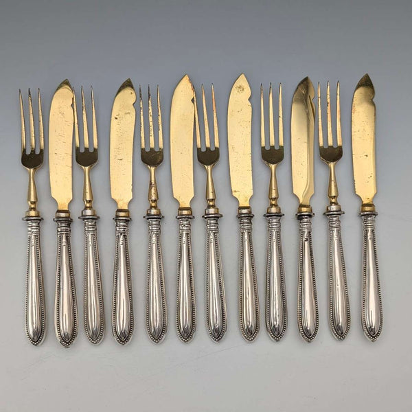German Antique 800 Silver Handle Gold Plated Blade Tea Cutlery 6 Pairs