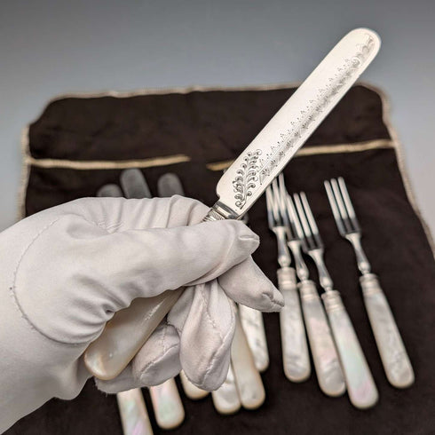 Late 19th Century British Antique Mother of Pearl Handle Tea Cutlery 5.5 Pair Christopher Johnson