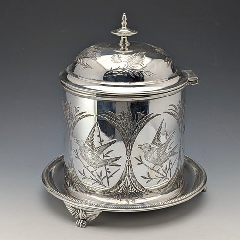 Antique British silver plated biscuit barrel with bird decoration