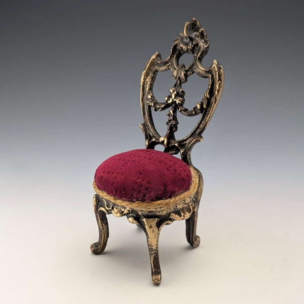 1920s Antique Brass Chair Pocket Watch Holder with Bordeaux Velour Seat